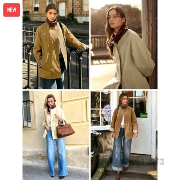 Oversized Trench Coat with Leather Collar Plaid Cuffs Windproof Fall Jacket - Picture 6 of 6